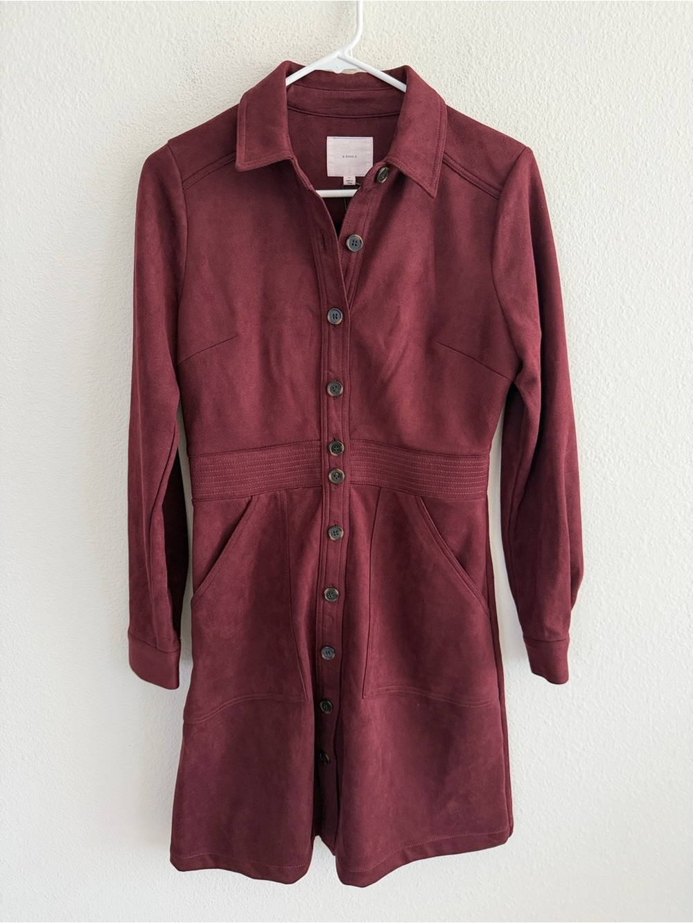 NWT A Loves A Faux Suede Burgundy Button-Front Shirt Dress